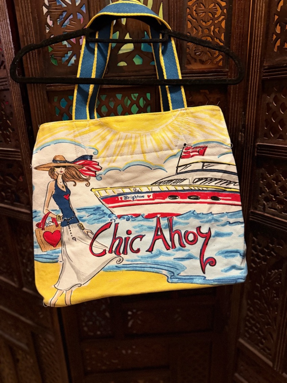 Brighton Canvas Tote with Patriotic Beach Illustration - Blue, Red, Tan, White - Picture 4 of 6